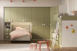 Cameretta completa 4 posti letto con Soppalco e Armadio a Ponte Bianco Opaco e Verde