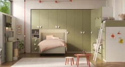 Cameretta completa 4 posti letto con Soppalco e Armadio a Ponte Bianco Opaco e Verde