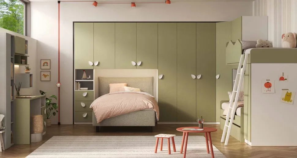 Cameretta completa 4 posti letto con Soppalco e Armadio a Ponte Bianco Opaco e Verde