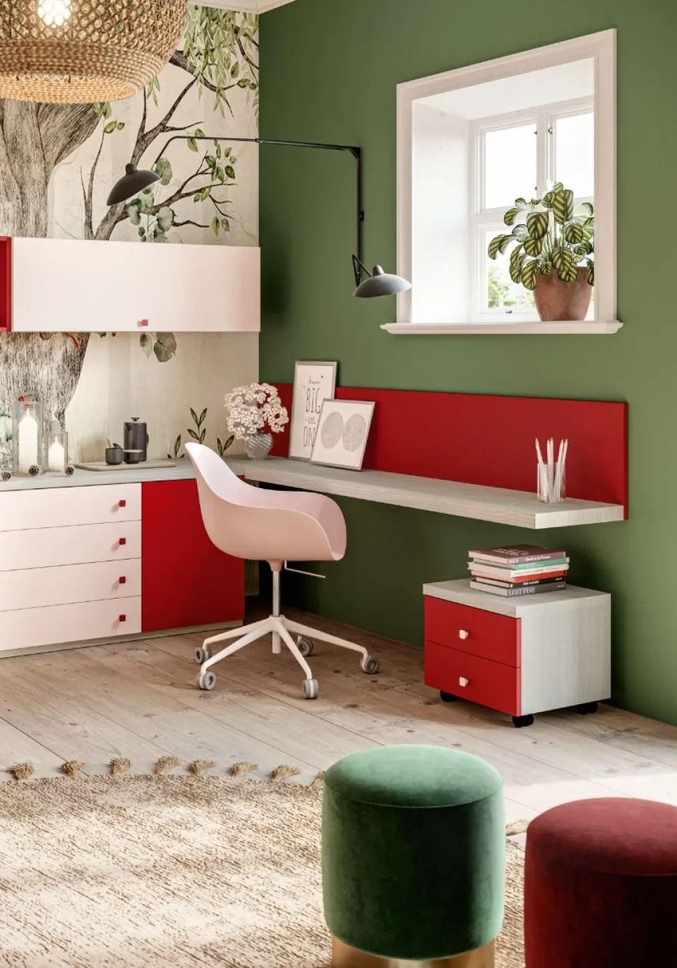 Cameretta completa singola Stely linea Colorfull finitura Cenere Wood , Pompeiano e Princess