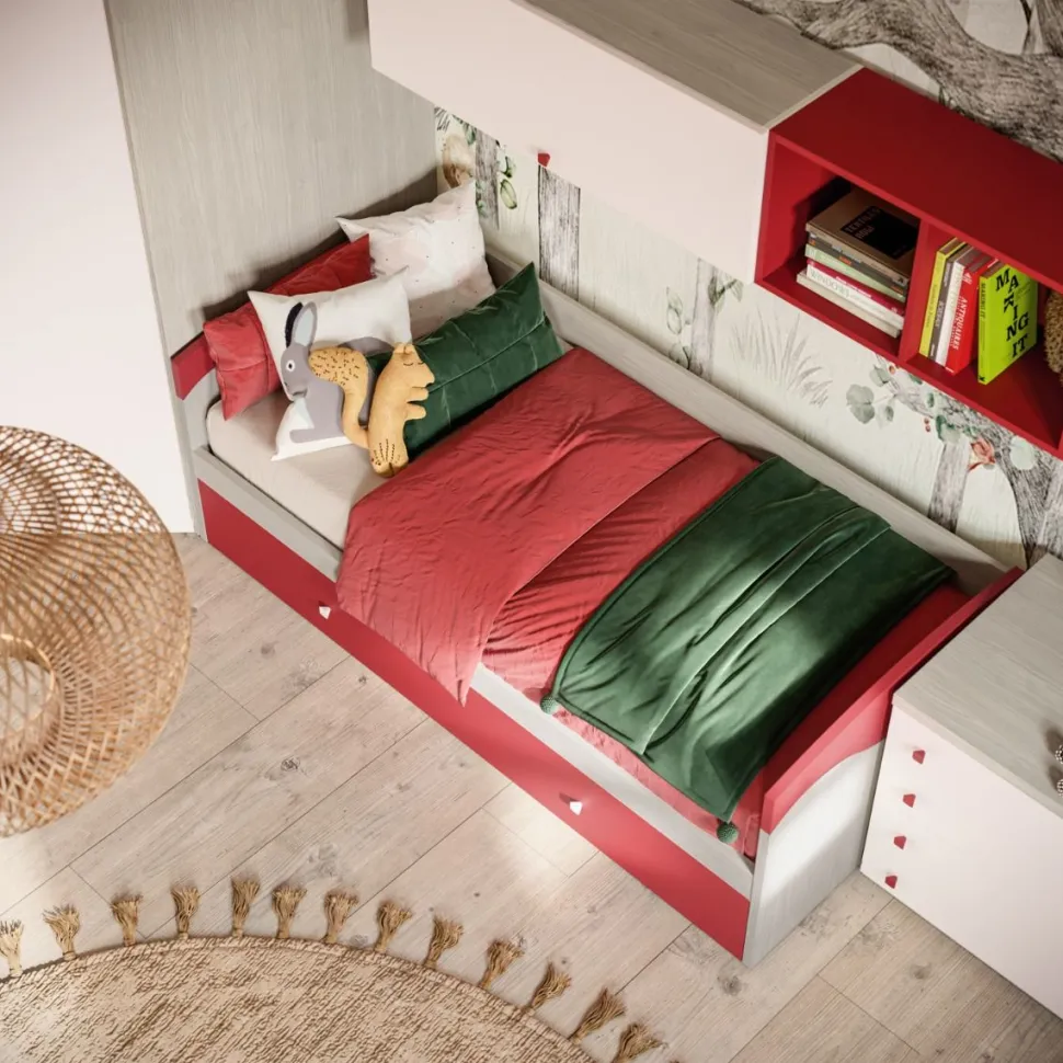 Cameretta completa singola Stely linea Colorfull finitura Cenere Wood , Pompeiano e Princess