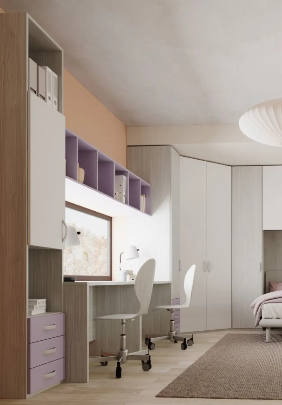Cameretta David linea Fly finitura Cenere Wood, Bianco e Malva