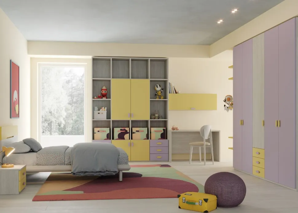 Cameretta Kari linea Fly finitura Cenere Wood, Giallo e Malva
