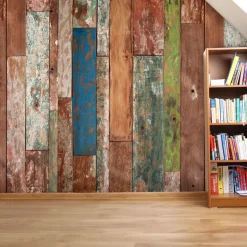 Carta da parati fotomural con grafica assi di legno colorate