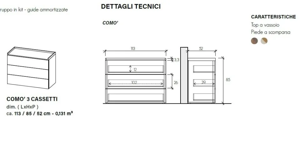 Cassettiera a 3 cassetti Alex linea Chèrie in finitura Bronzo e Rovere Mercure