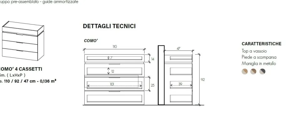 Cassettiera a 4 cassetti Naike linea Chèrie disponibile in 3 colori