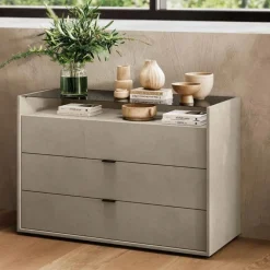 Cassettiera con top in vetro Fumè 3 cassetti retrofinita Moira disponibile in vari colori