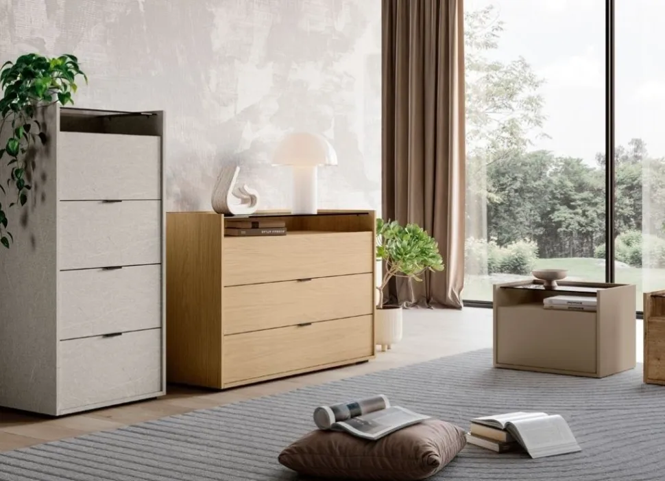 Cassettiera con top in vetro Fumè 3 cassetti retrofinita Moira disponibile in vari colori