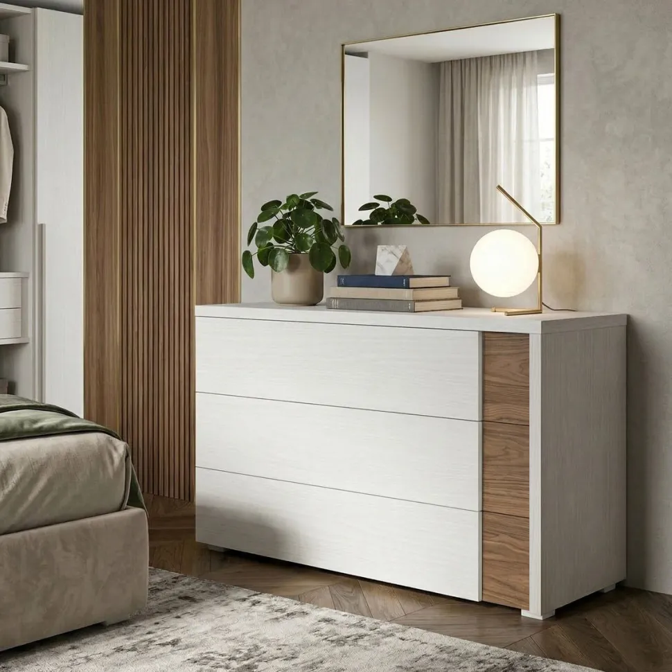 Cassettiera Kora 3 cassetti linea Domino finitura Noce Bianco e Noce Naturale
