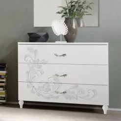 Cassettiera moderna Bianco frassino a tre cassetti serigrafati Noemi linea Essenza