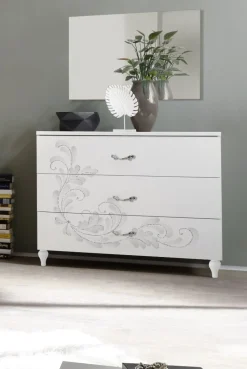 Cassettiera moderna Bianco frassino a tre cassetti serigrafati Noemi linea Essenza