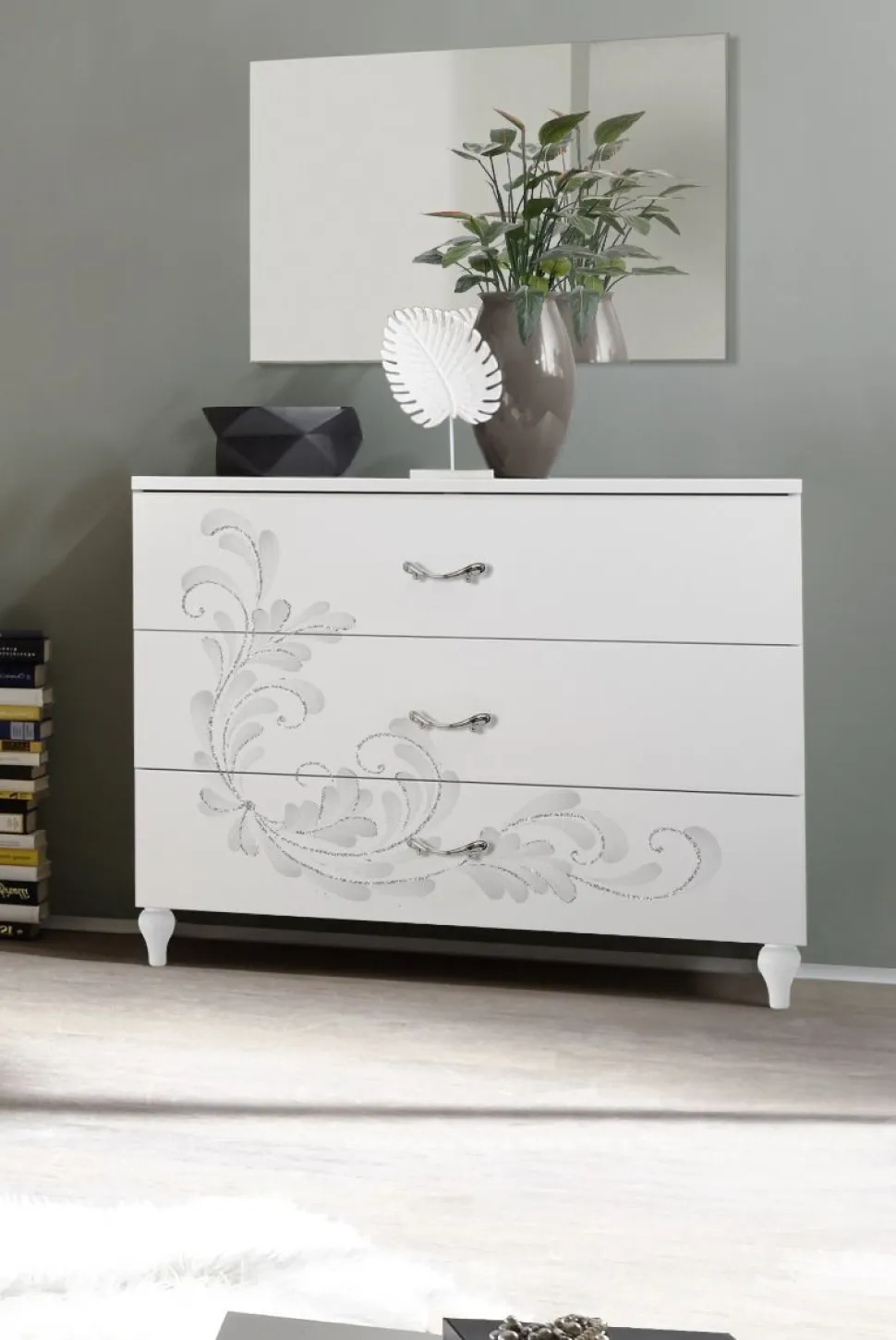 Cassettiera moderna Bianco frassino a tre cassetti serigrafati Noemi linea Essenza