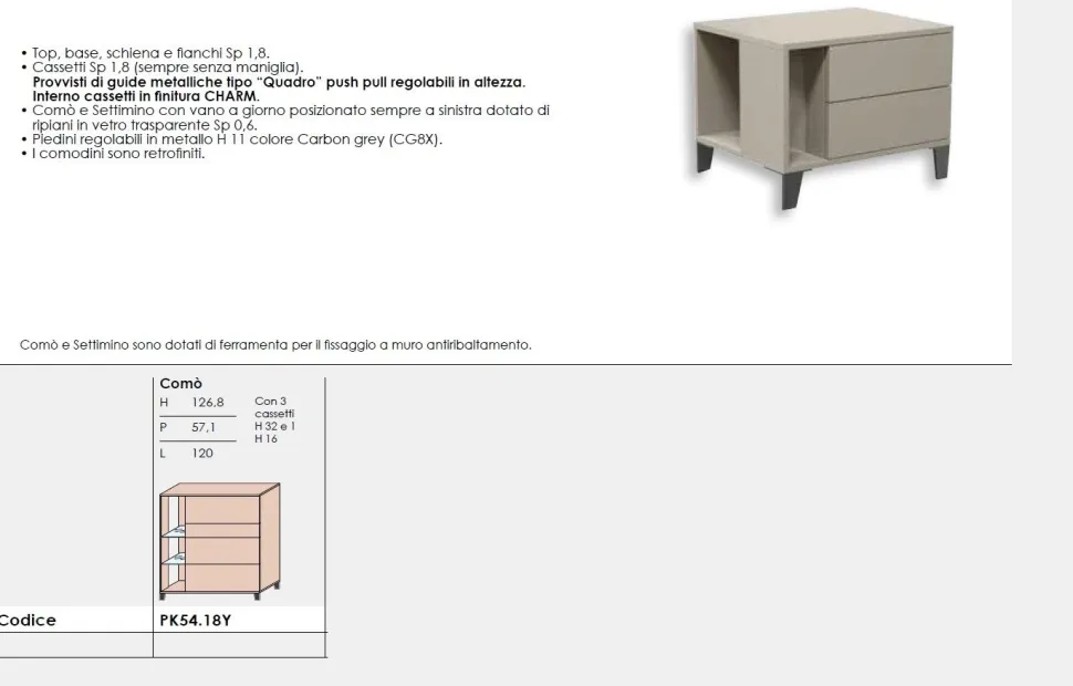 Cassettiera moderna Canapa 4 cassetti senza maniglia con ripiani in vetro Isabelle disponibile in vari colori