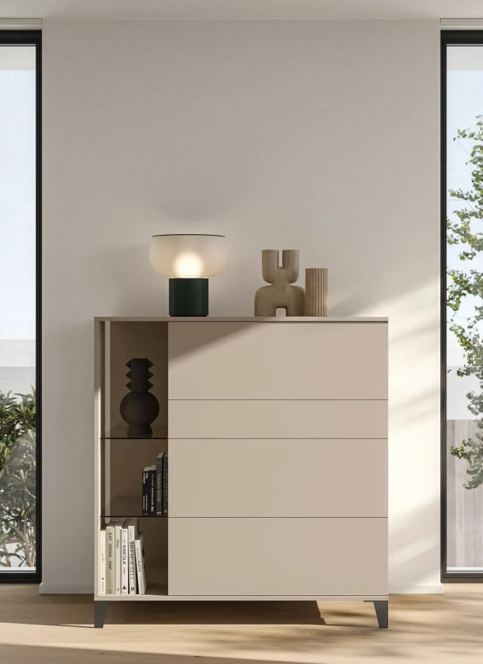 Cassettiera moderna Canapa 4 cassetti senza maniglia con ripiani in vetro Isabelle disponibile in vari colori