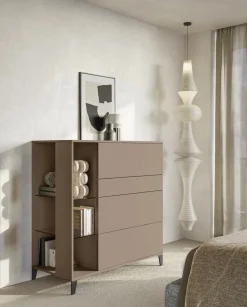 Cassettiera moderna Canapa 4 cassetti senza maniglia con ripiani in vetro Isabelle disponibile in vari colori