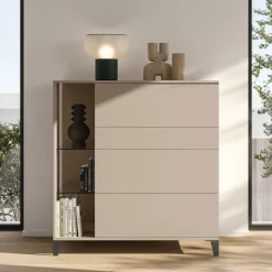 Cassettiera moderna Canapa 4 cassetti senza maniglia con ripiani in vetro Isabelle disponibile in vari colori