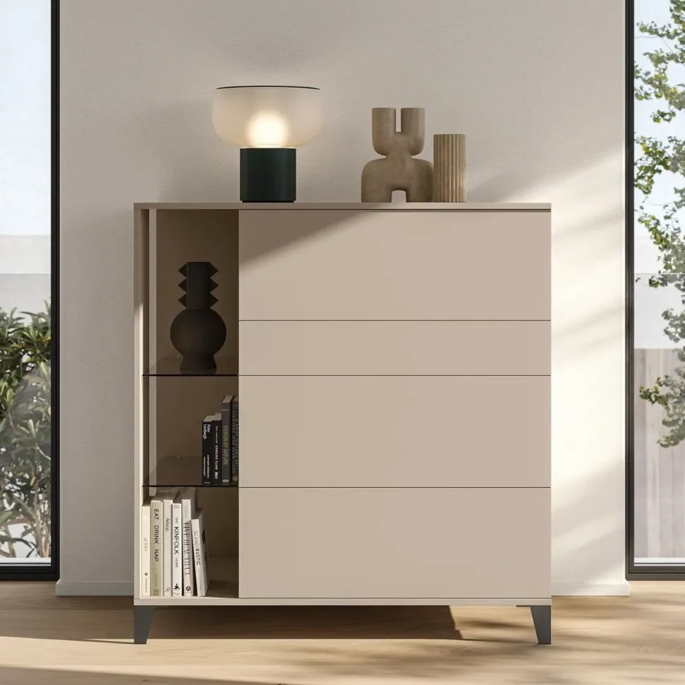Cassettiera moderna Canapa 4 cassetti senza maniglia con ripiani in vetro Isabelle disponibile in vari colori