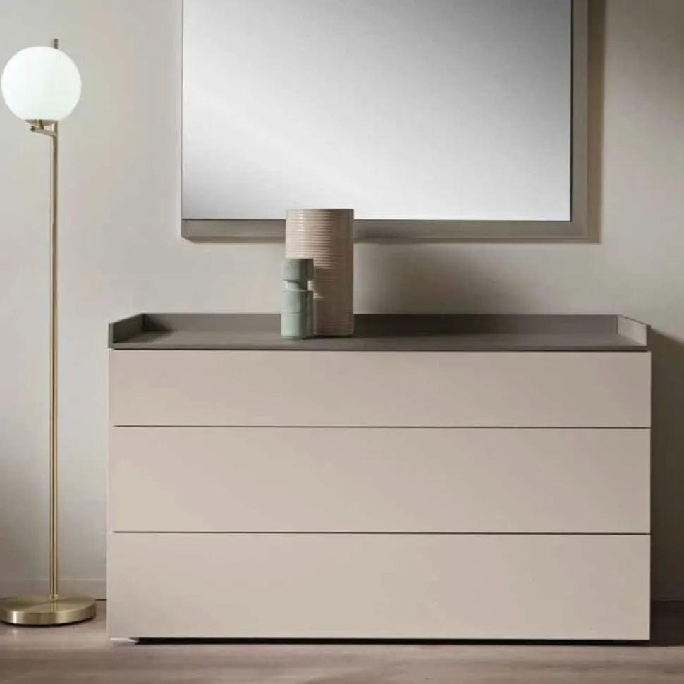 Cassettiera moderna 3 cassetti con maniglia a gola laterale e top a vassoio disponibile in vari colori May linea Domino