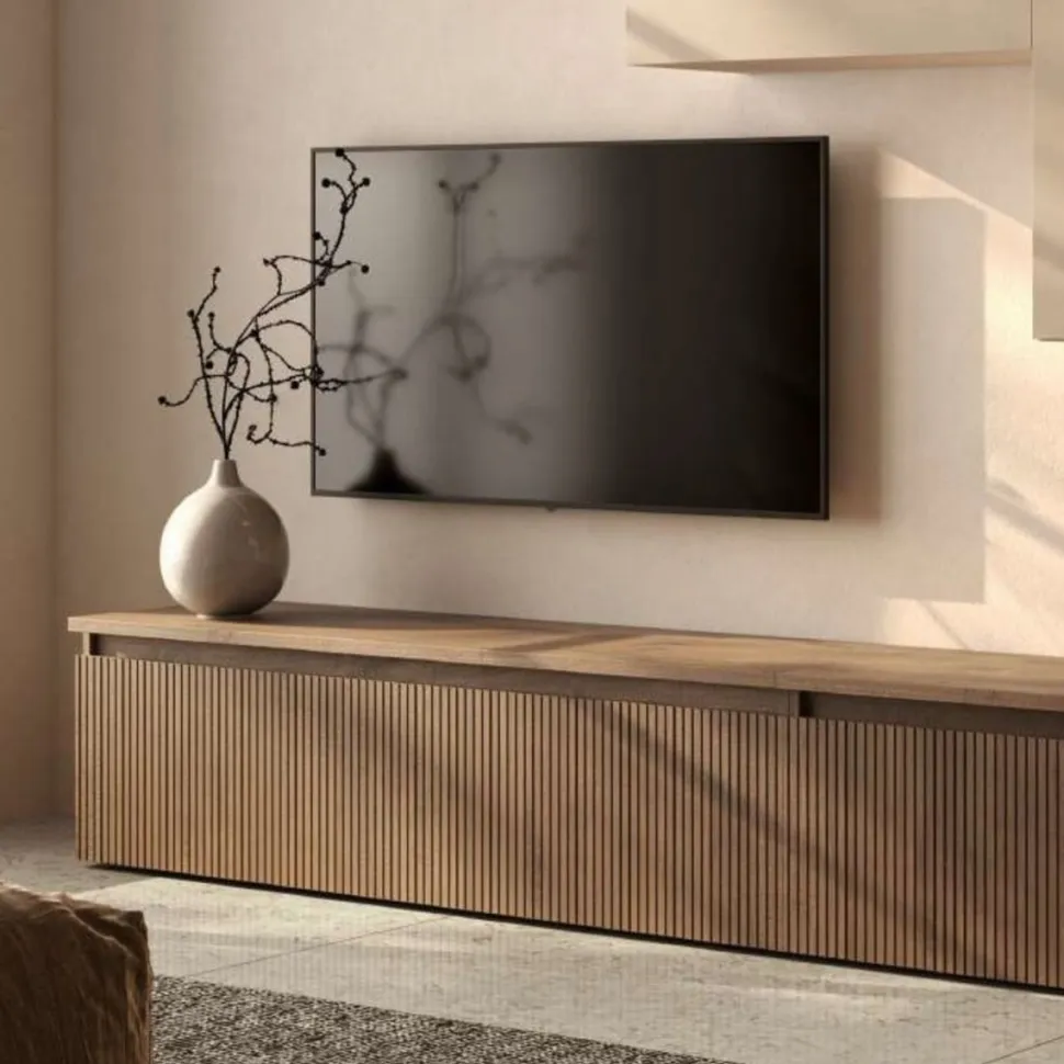 Cassettone porta Tv con frontale cannettato in Rovere scuro o chiaro
