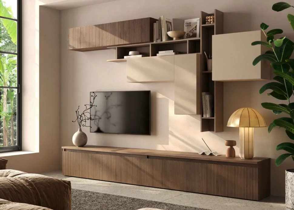 Cassettone porta Tv con frontale cannettato in Rovere scuro o chiaro