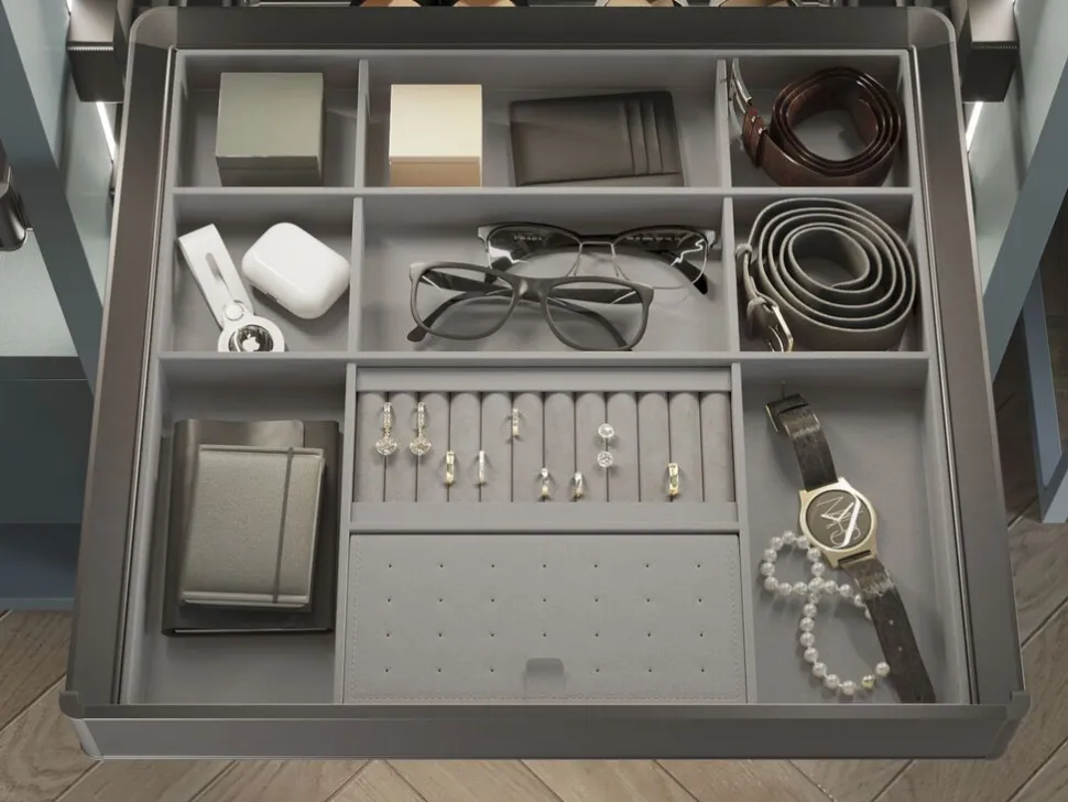 Cassetto organizzatore per armadi e cabine armadio Quartz, Eco-pelle e legno, Titanio, disponibile in 3 misure
