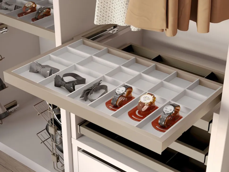 Cassetto organizzatore regolabile con guide soft-close per armadio disponibile in 2 colori e 3 misure