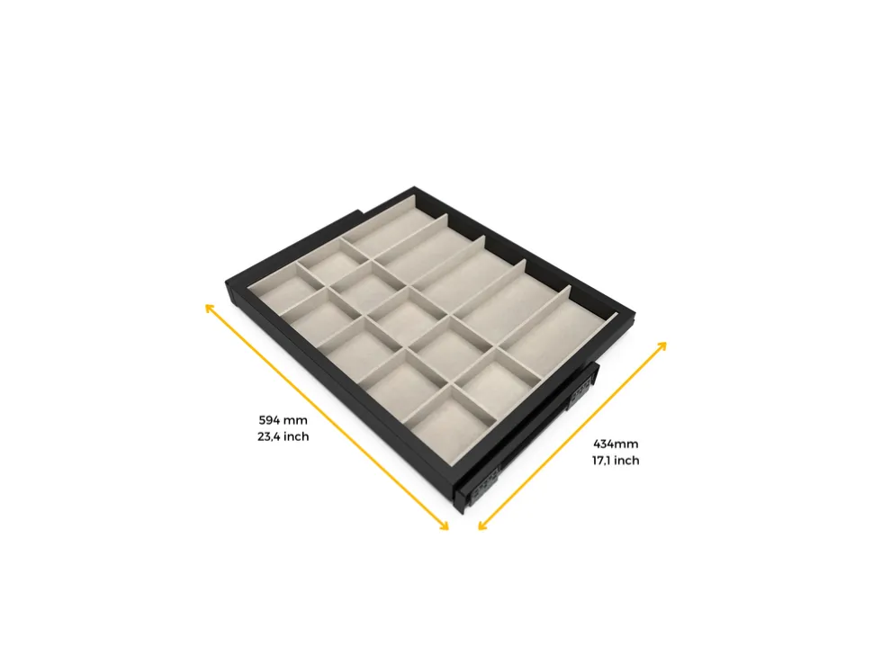 Cassetto organizzatore regolabile con guide soft-close per armadio disponibile in 2 colori e 3 misure
