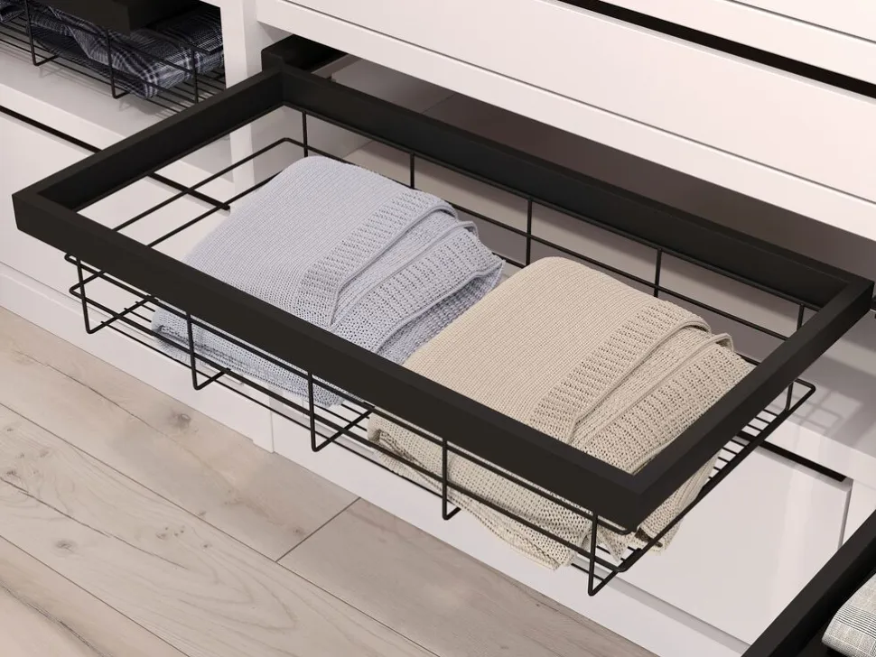 Cestello regolabile in filo e telaio a scorrimento con chiusura soft per armadio disponibile in 2 colori e 3 misure