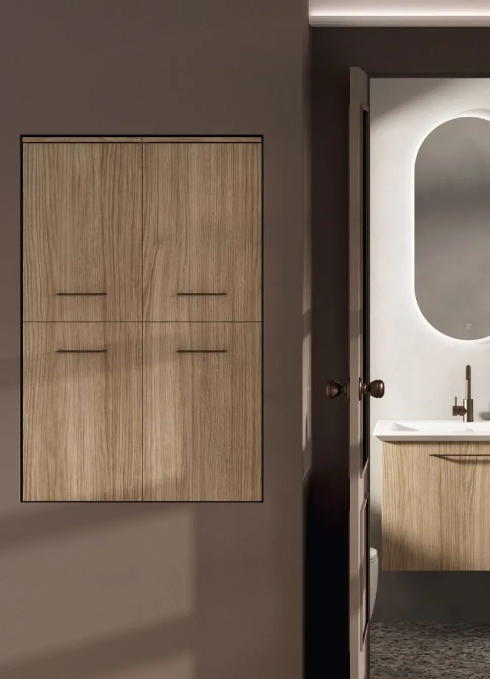 Colonna sospesa 1 anta battente e anta ribalta con cesto portabiancheria disponibile in vari colori
