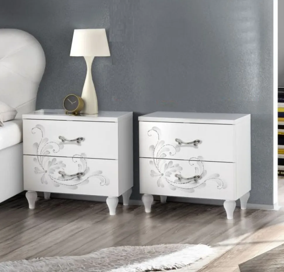 Comodini moderni Bianco Frassino a due cassetti serigrafati Noemi linea Essenza