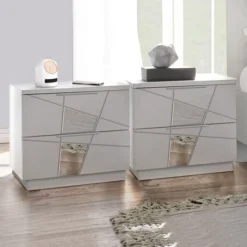 Comodini moderni bianco frassino 2 cassetti con inserti a specchio Vittoria linea Essenza