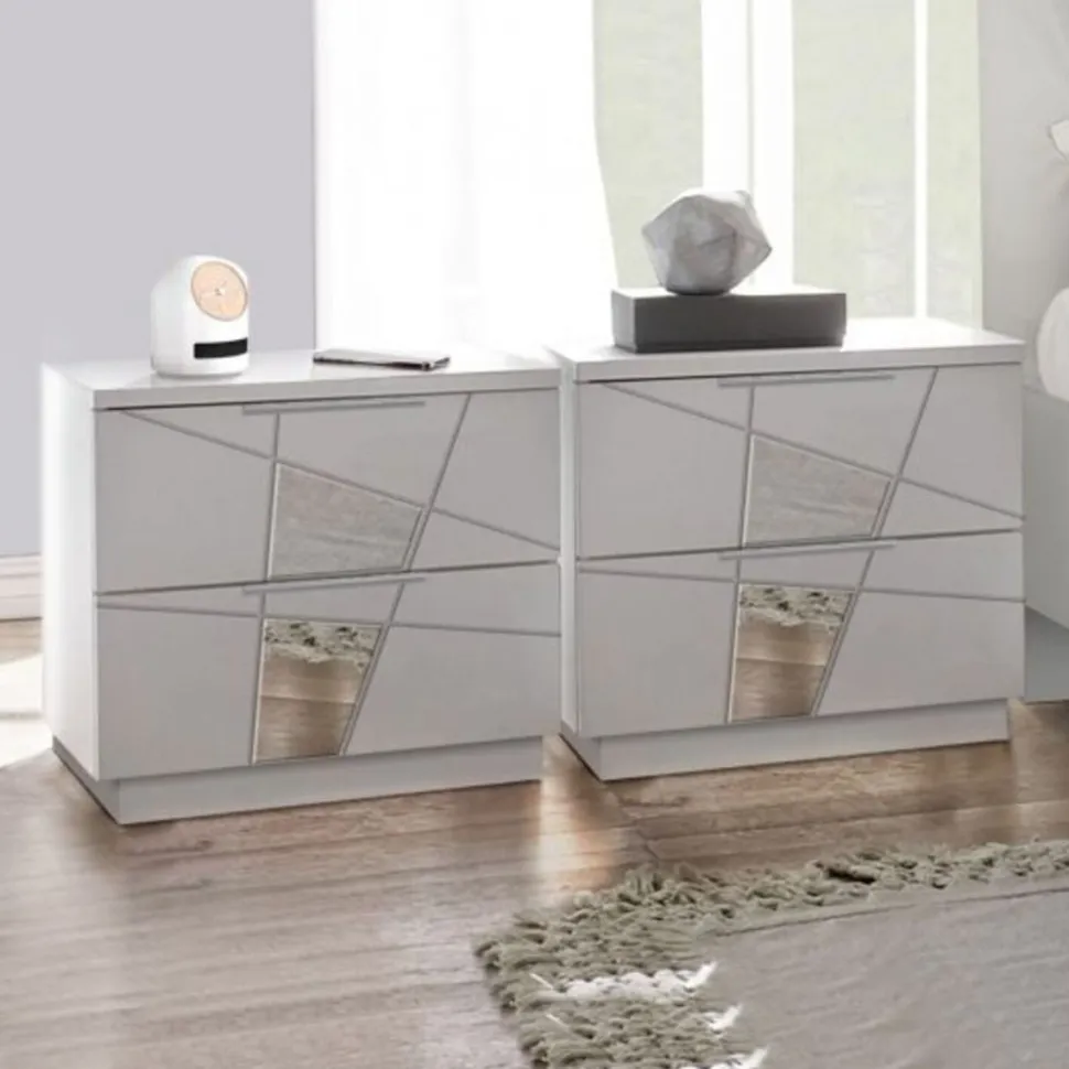 Comodini moderni bianco frassino 2 cassetti con inserti a specchio Vittoria linea Essenza