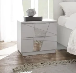 Comodini moderni bianco frassino 2 cassetti con inserti a specchio Vittoria linea Essenza