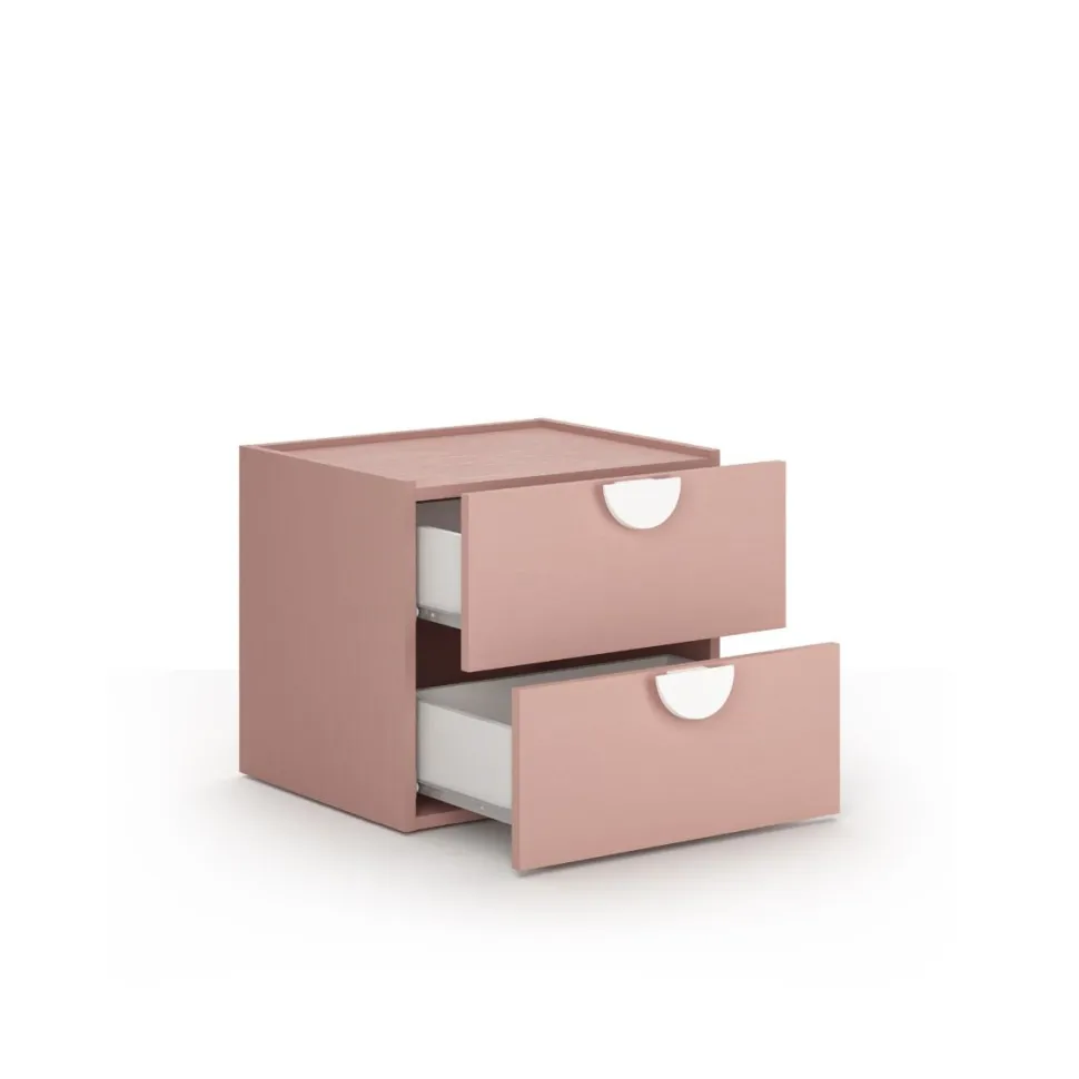 Comodino 2 cassetti per camerette con maniglie sagomate disponibile in 4 colori