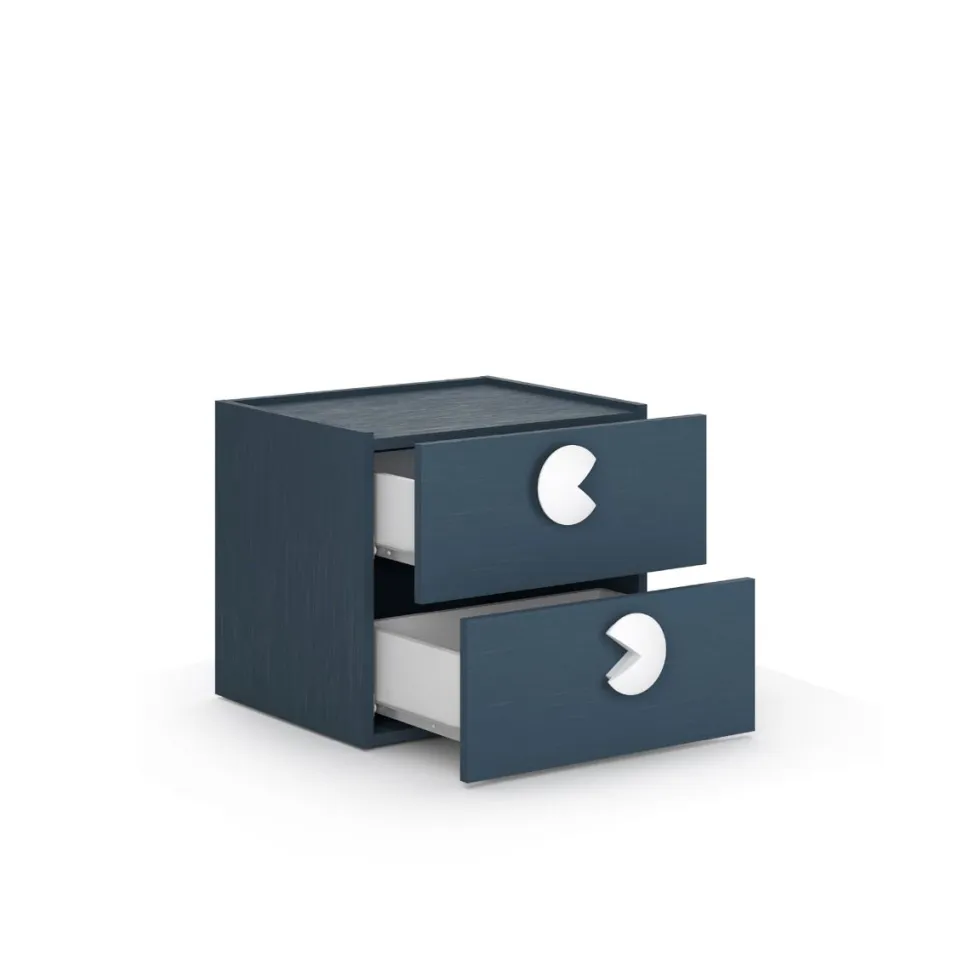 Comodino con ruote e 2 cassetti per camerette con maniglie sagomate disponibile in 4 colori