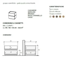 Comodino design moderno 2 cassetti componibile finitura Cashmere disponibile in 5 Colori