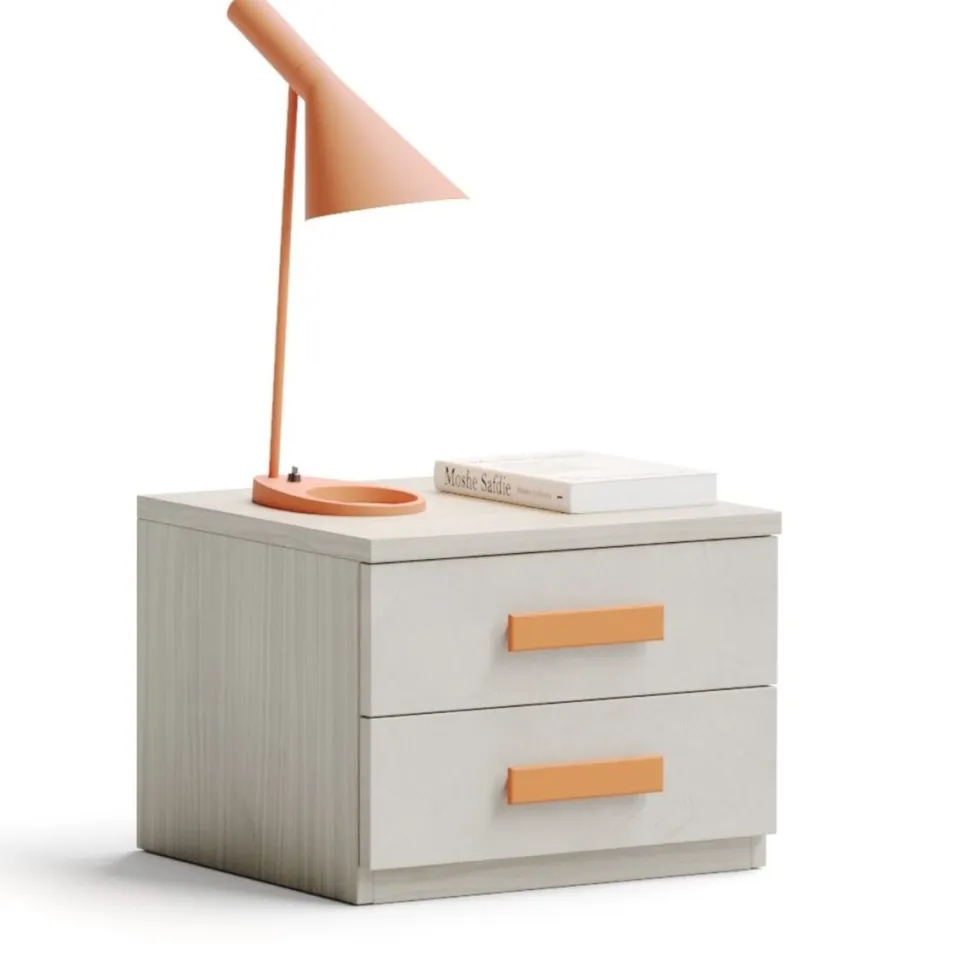 Comodino linea Fly a due cassetti finitura Frassino nuvola disponibile in 16 colori