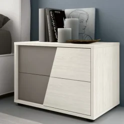Comodino moderno 2 cassetti Bianco Frassino e Grigio con maniglia diagonale in MDF integrata nel frontale