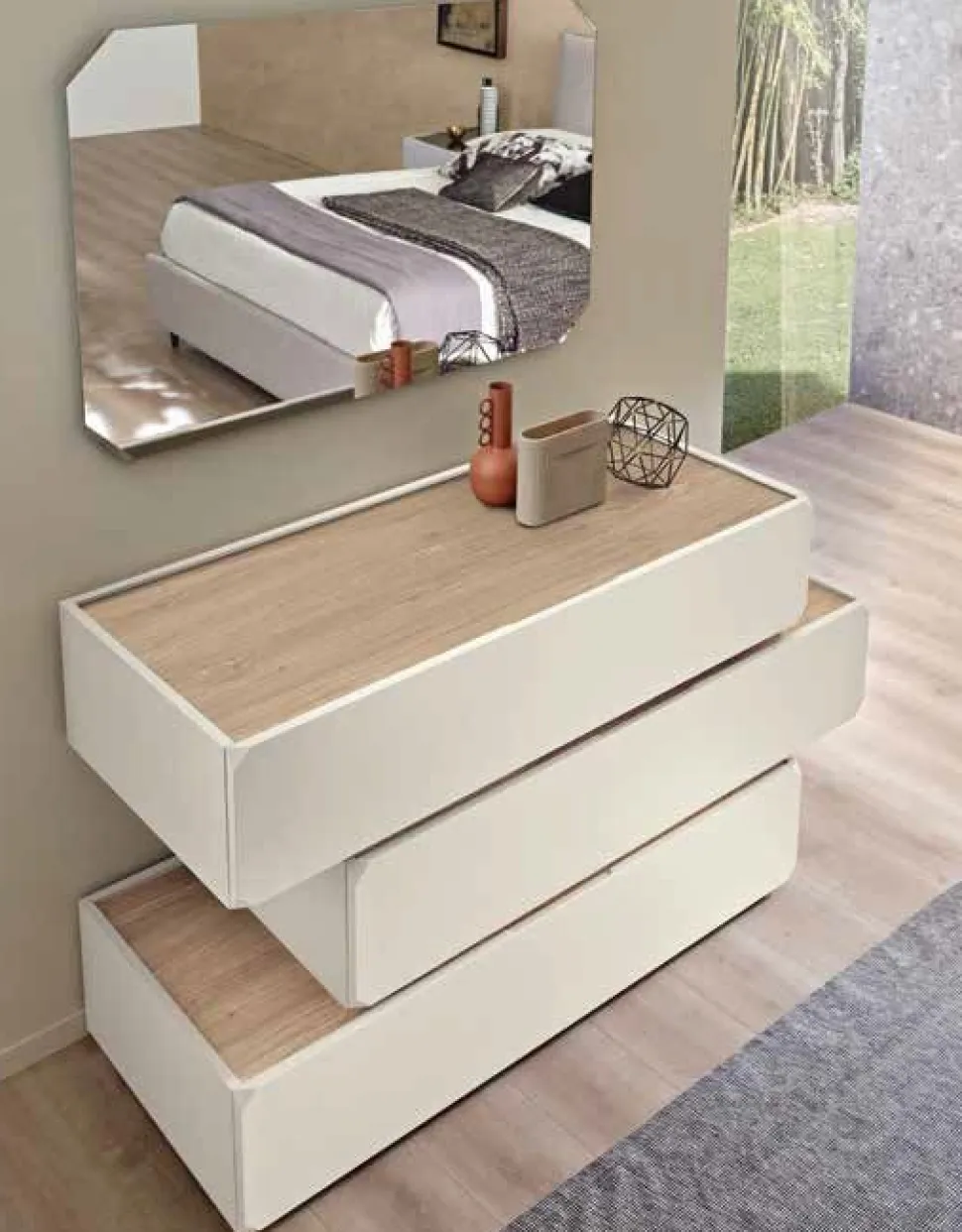 Comò sfalsato 3 cassetti Fergus linea Domino personalizzabile in vari colori
