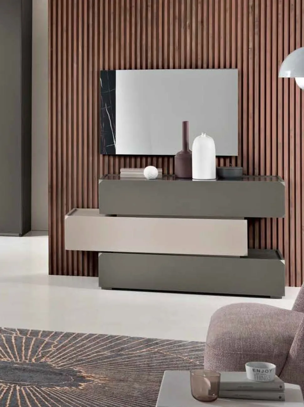 Comò sfalsato 3 cassetti Fergus linea Domino personalizzabile in vari colori
