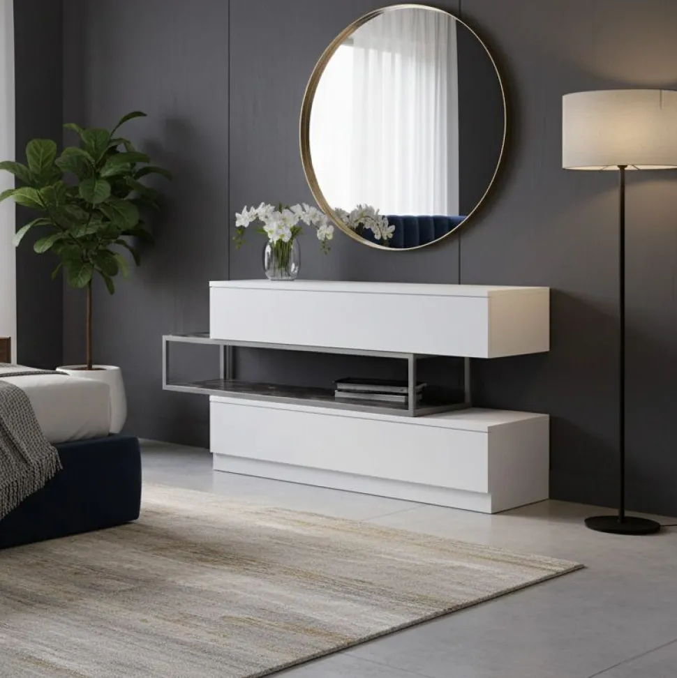 Comò sfalzato con vano a giorno modello Equal Linea New Season finitura Bianco Frassino