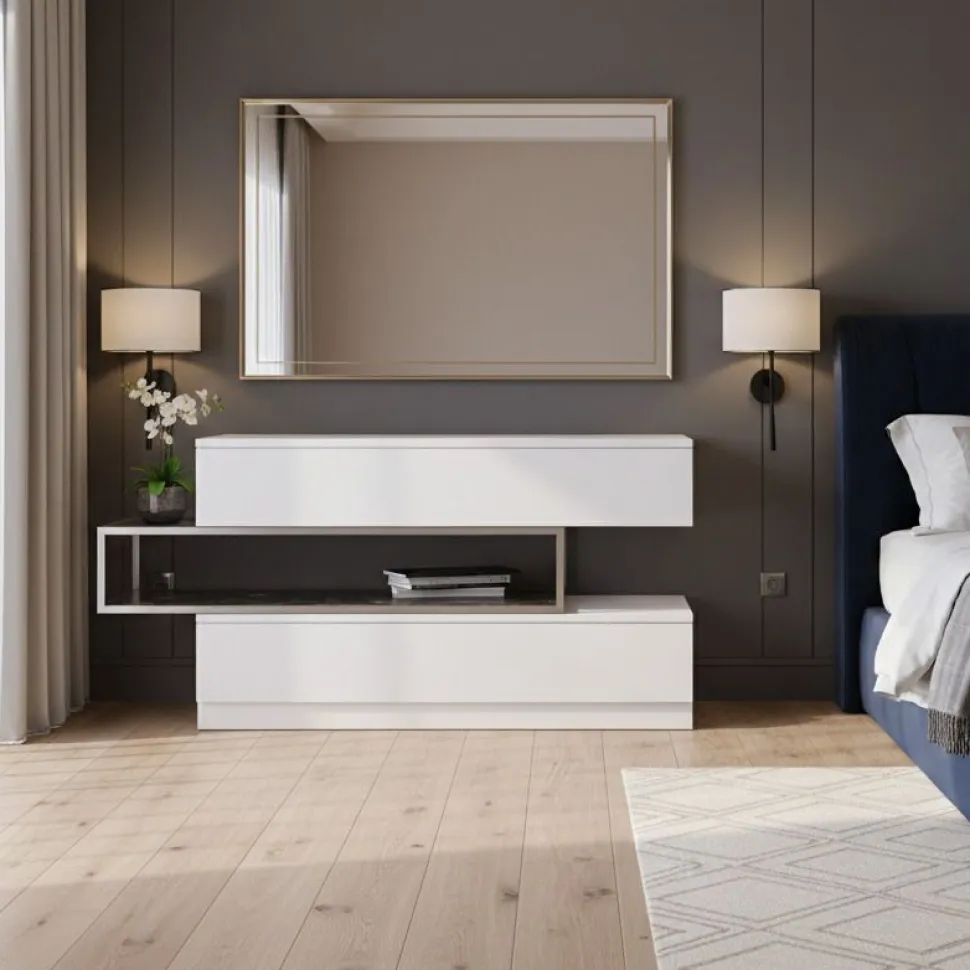 Comò sfalzato con vano a giorno modello Equal Linea New Season finitura Bianco Frassino