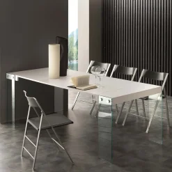 Consolle allungabile con gambe in vetro e top Bianco Opaco modello Iceberg