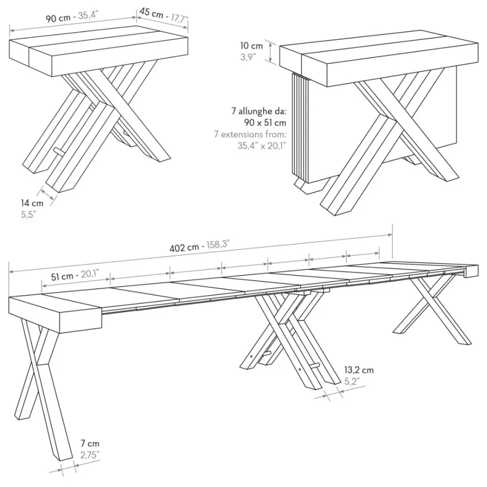 Consolle Allungabile 4 metri gambe a X Nere e piano Rovere Rustico con porta Allunghe