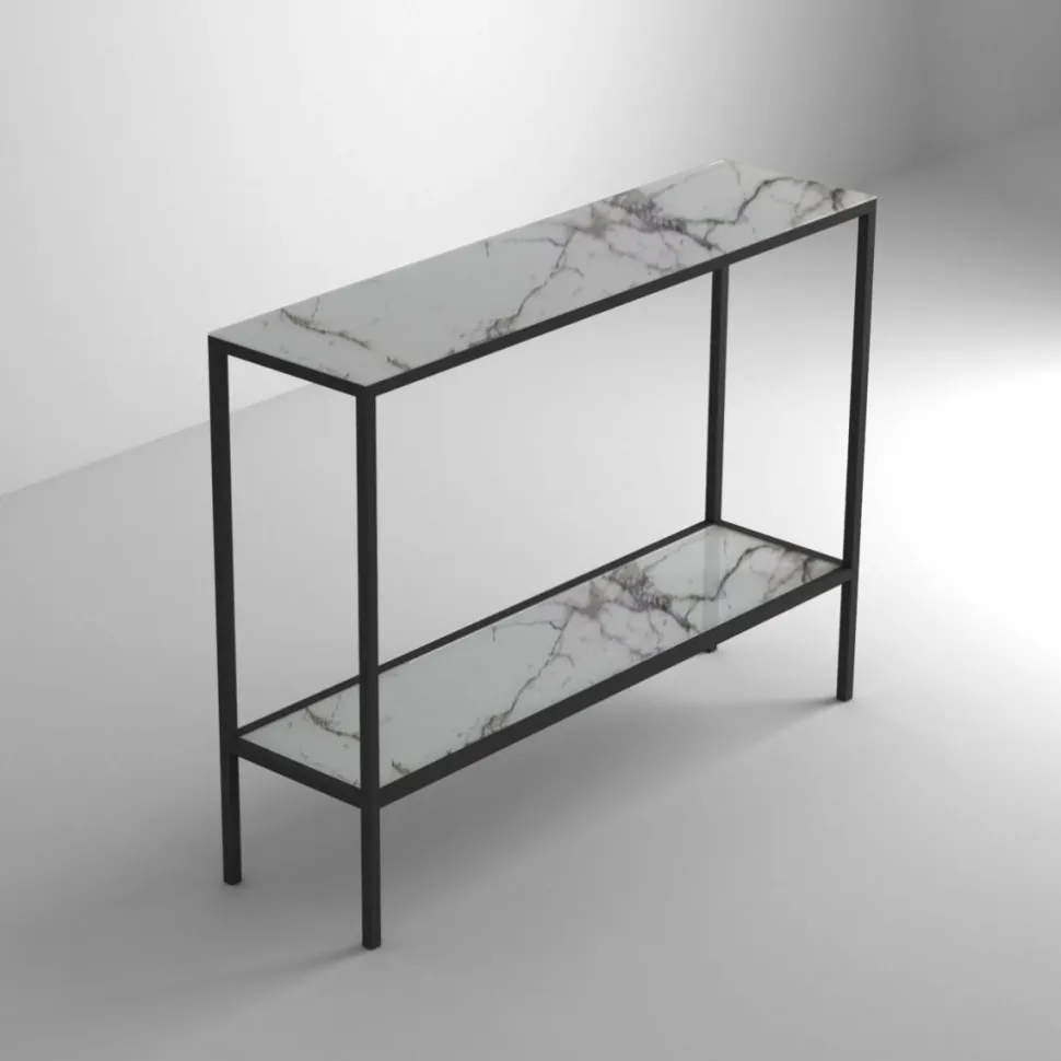 Consolle da ingresso con struttura in alluminio e piano in vetro personalizzabile