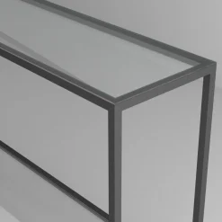 Consolle da ingresso con struttura in alluminio e piano in vetro personalizzabile