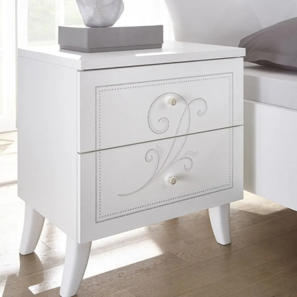 Coppia Comodini Funny a 2 cassetti linea Essenza in bianco opaco con serigrafia