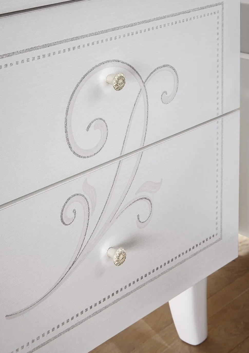 Coppia Comodini Funny a 2 cassetti linea Essenza in bianco opaco con serigrafia