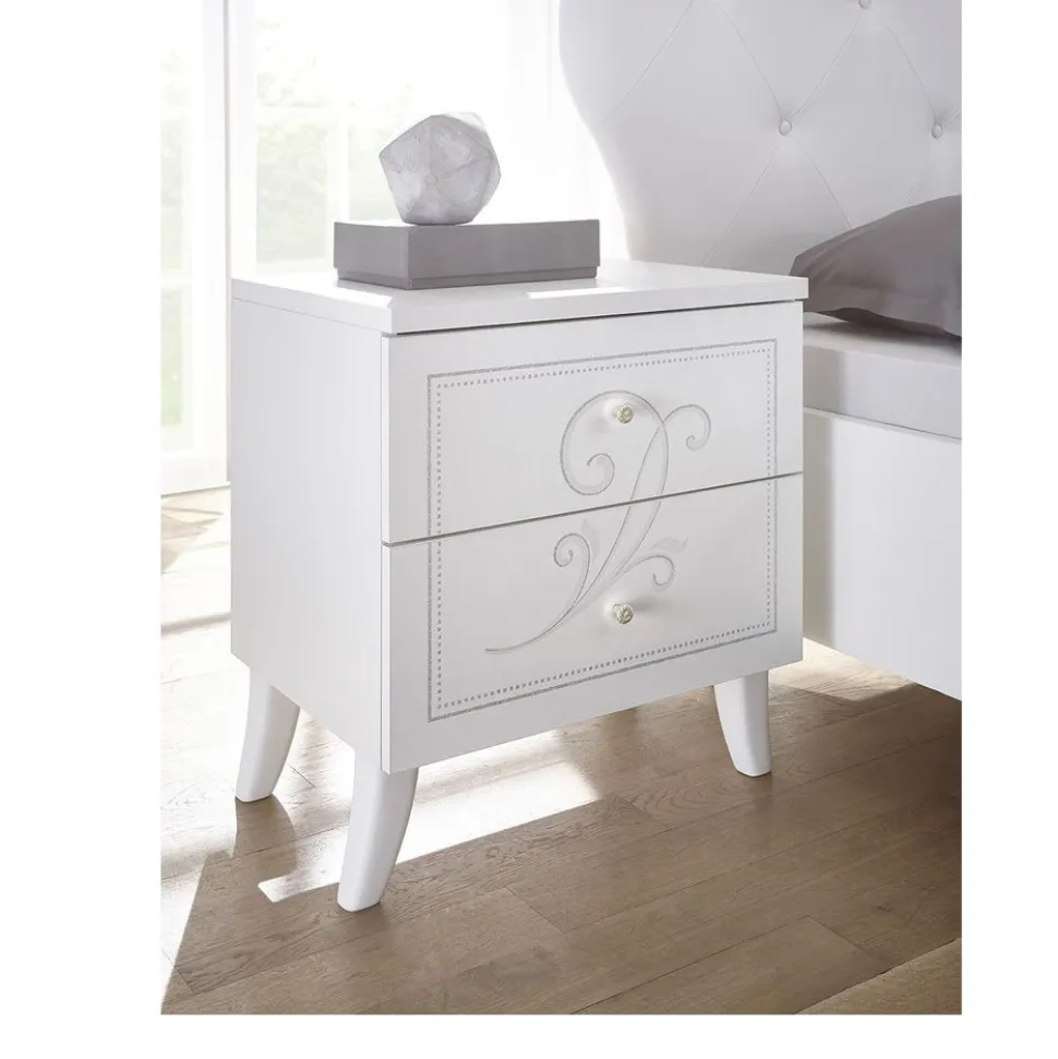 Coppia Comodini Funny a 2 cassetti linea Essenza in bianco opaco con serigrafia