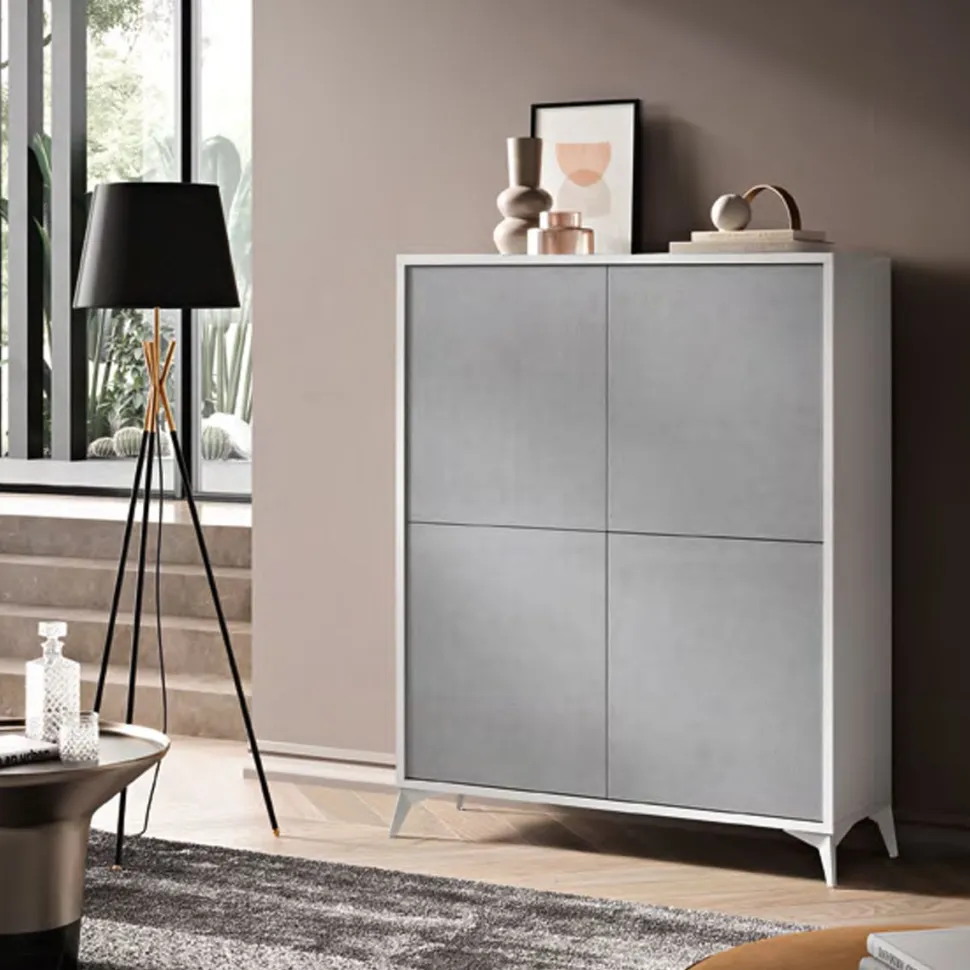 Credenza 4 ante battenti Baster linea Prevaling finitura Argento e Bianco Frassino